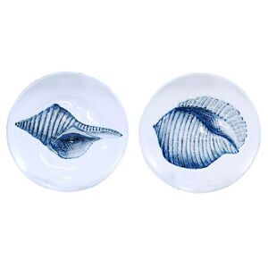 Sanibel Blue Shells on White 8 Inch Serving Dinner Glass Plates Set of 2